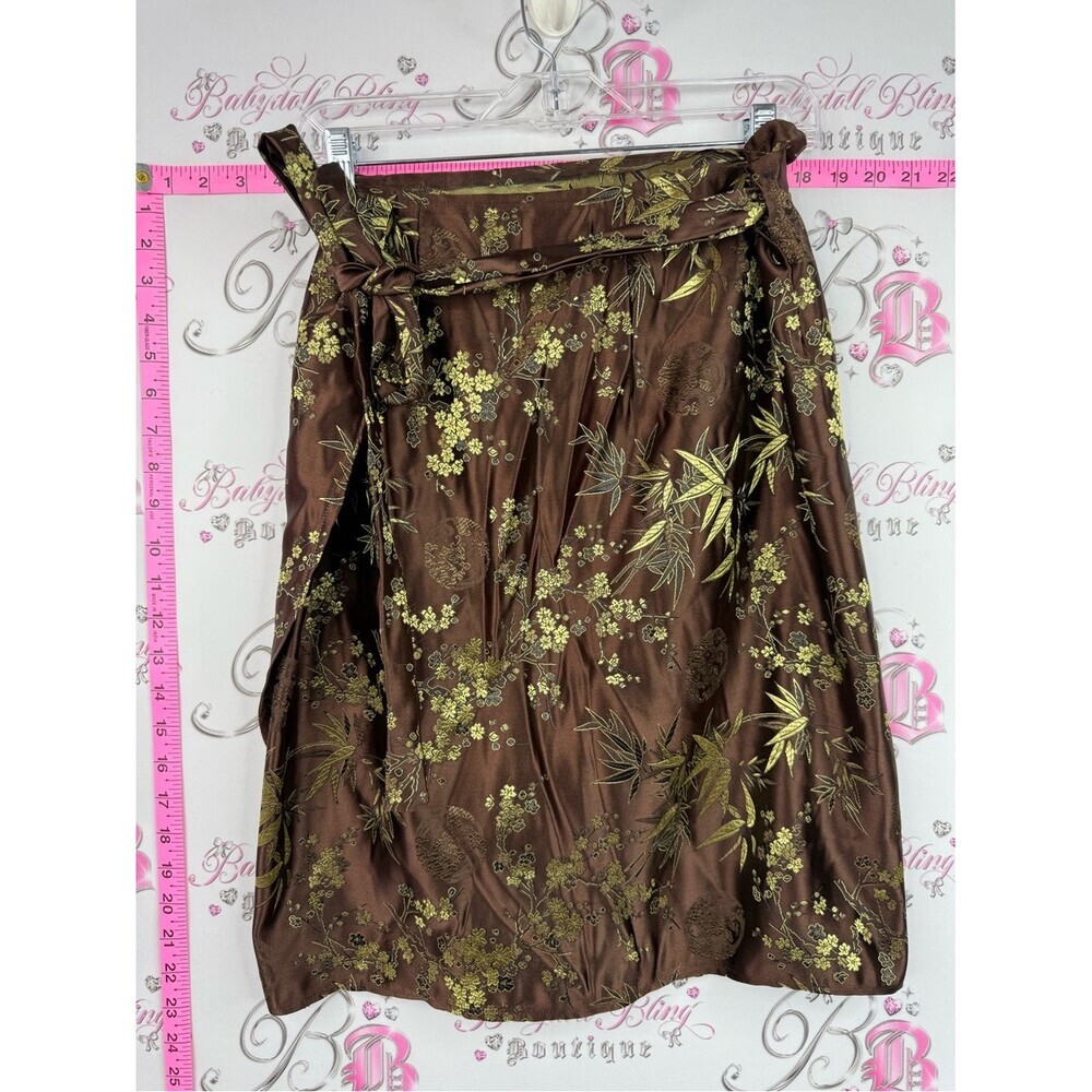 Skirt shiny shimmer Brown Floral Wrap Skirt with Gold Bamboo Print Asia style